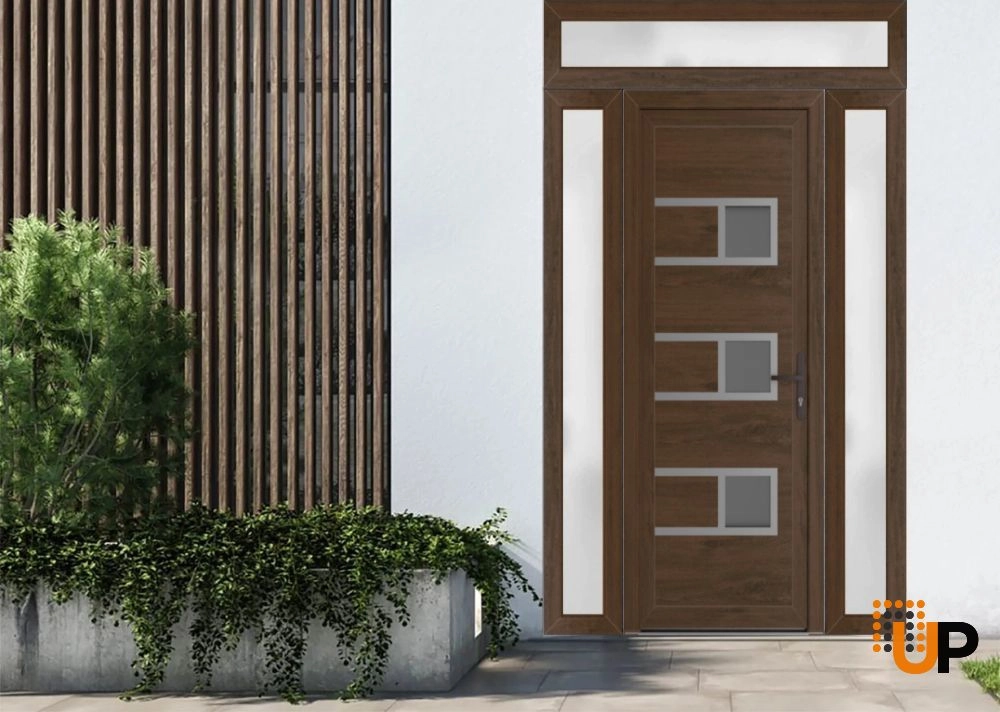Single swing vinyl modern exterior door with tempered glass | Manux 8933 Walnut | 54 x 94 photo#2