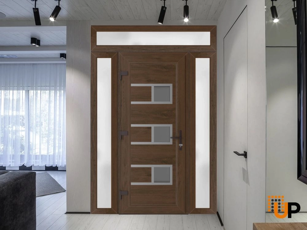 Single swing vinyl modern exterior door with tempered glass | Manux 8933 Walnut | 58 x 94 photo#3