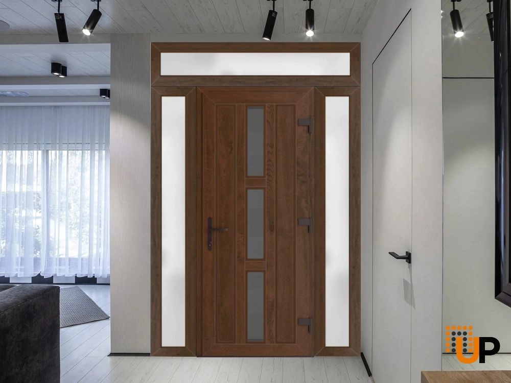 Single swing vinyl modern exterior door with tempered glass | Manux 8112 Walnut | 68 x 94 (16+36+16 x 80+14) photo#3