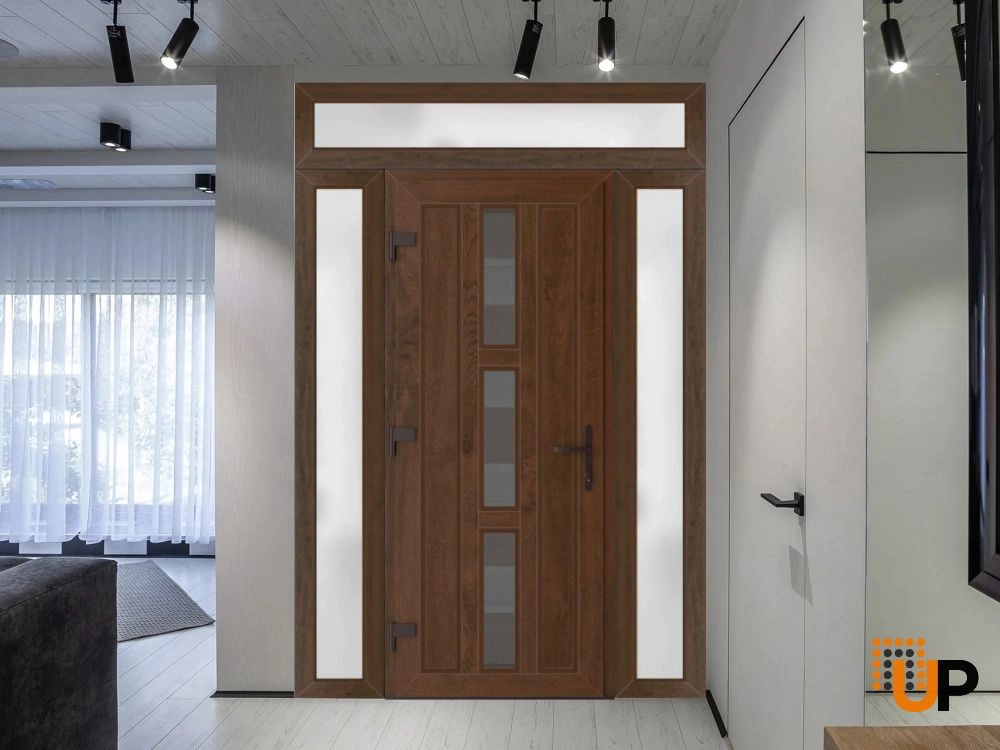 Single swing vinyl modern exterior door with tempered glass | Manux 8112 Walnut | 64 x 94 (14+36+14 x 80+14) photo#3