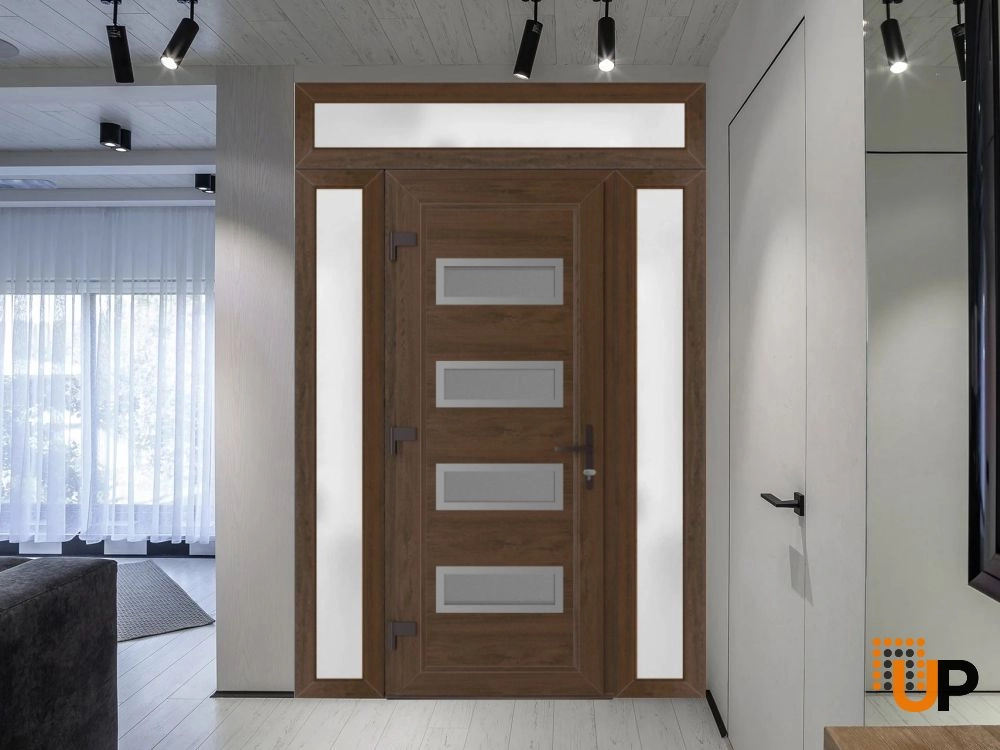 Single swing vinyl modern exterior door with tempered glass | Manux 8113 Walnut | 56 x 94 (12+32+12 x 80+14) photo#3