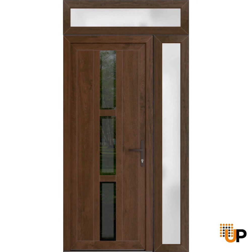Single swing vinyl modern exterior door with clear glass | Manux 8112 Walnut | 46 x 96 (32+14 x 80+16) photo#1