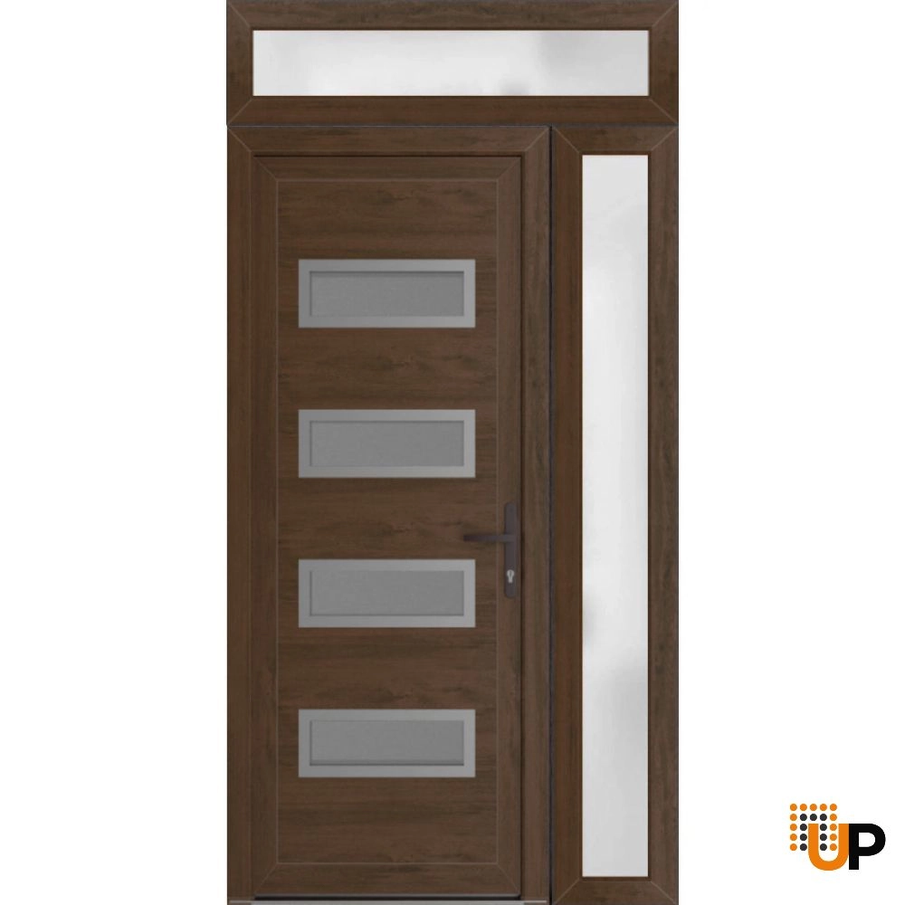 Single swing metal-plastic modern exterior door with tempered | Manux 8113 Walnut | 44 x 94 (32+12 x 80+14) photo#1