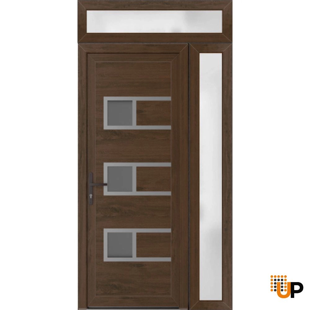 Single swing vinyl modern exterior door with tempered glass | Manux 8933 Walnut | 50 x 94 photo#1