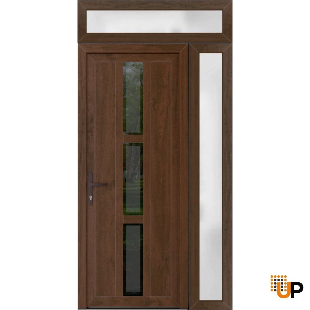 Single swing vinyl modern exterior door with tempered glass | Manux 8112 Walnut | 50 x 94 (36+14 x 80+14) photo#1