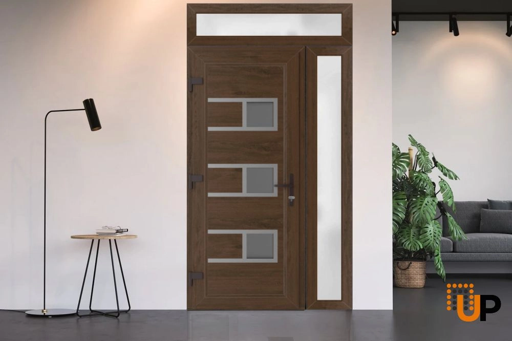 Single swing vinyl modern exterior door with tempered glass | Manux 8933 Walnut | 50 x 94 photo#2