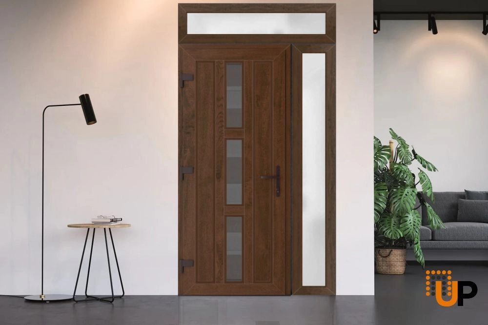 Single swing vinyl modern exterior door with tempered glass | Manux 8112 Walnut | 50 x 94 (36+14 x 80+14) photo#3