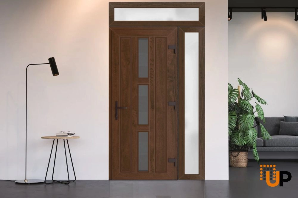 Single swing vinyl modern exterior door with clear glass | Manux 8112 Walnut | 46 x 96 (32+14 x 80+16) photo#3