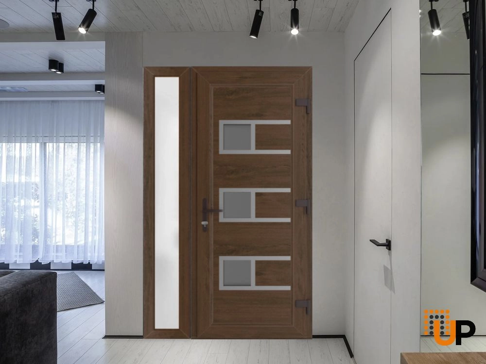 Single swing vinyl modern exterior door with tempered glass | Manux 8933 Walnut | 48 x 80 photo#3
