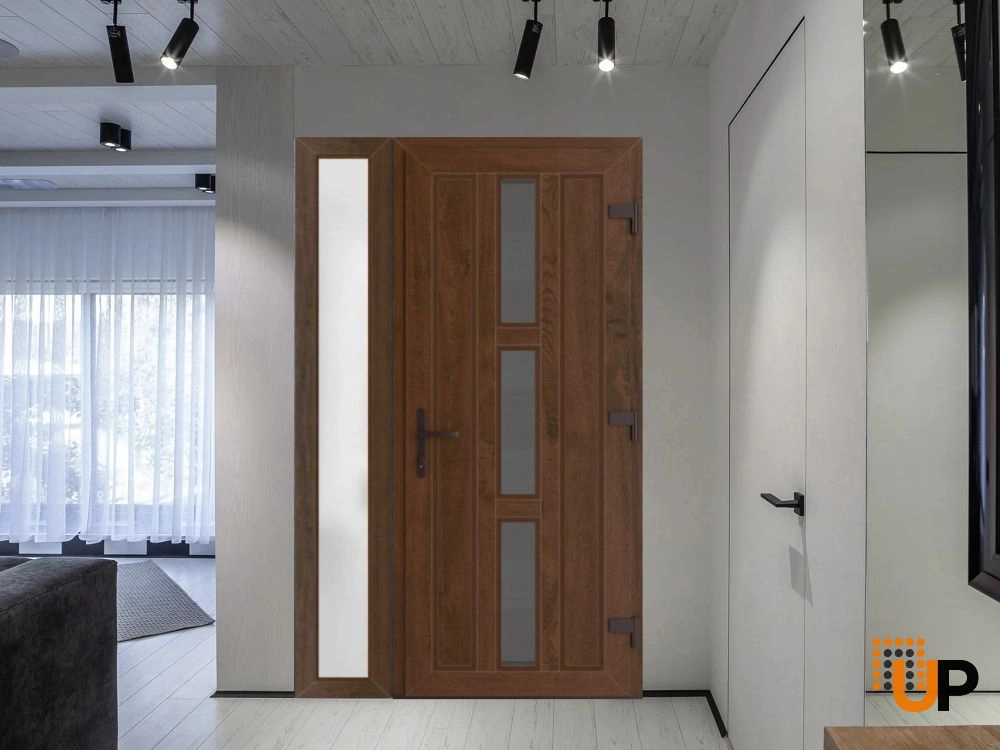Single swing metal-plastic modern exterior door with tempered | Manux 8112 Walnut | 48 x 80 (36+12 x 80) photo#3