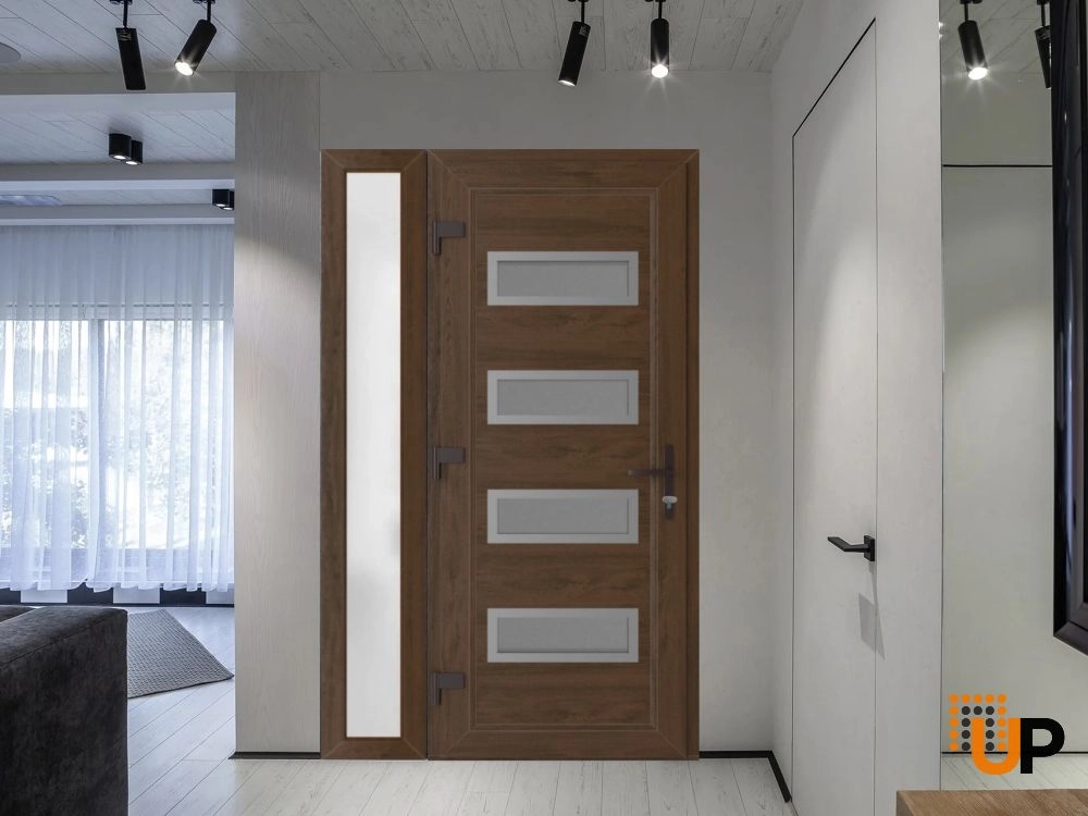 Single swing vinyl modern exterior door with tempered glass | Manux 8113 Walnut | 48 x 80 (32+16 x 80) photo#3