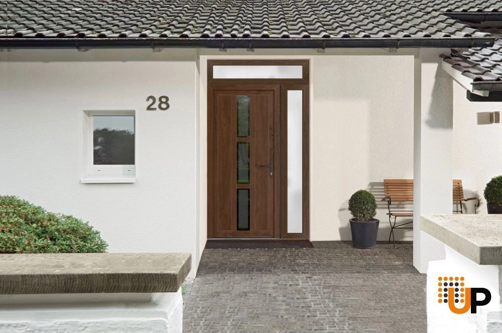 Single swing vinyl modern exterior door with clear glass | Manux 8112 Walnut | 46 x 96 (32+14 x 80+16) photo#2