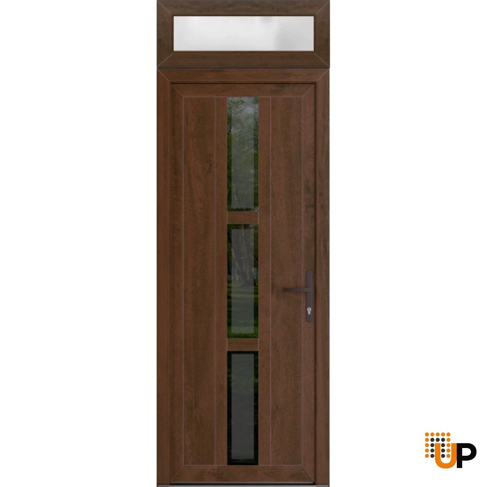 Single swing vinyl modern exterior door with clear glass | Manux 8112 Walnut | 32 x 92 (32 x 80+12) photo#1