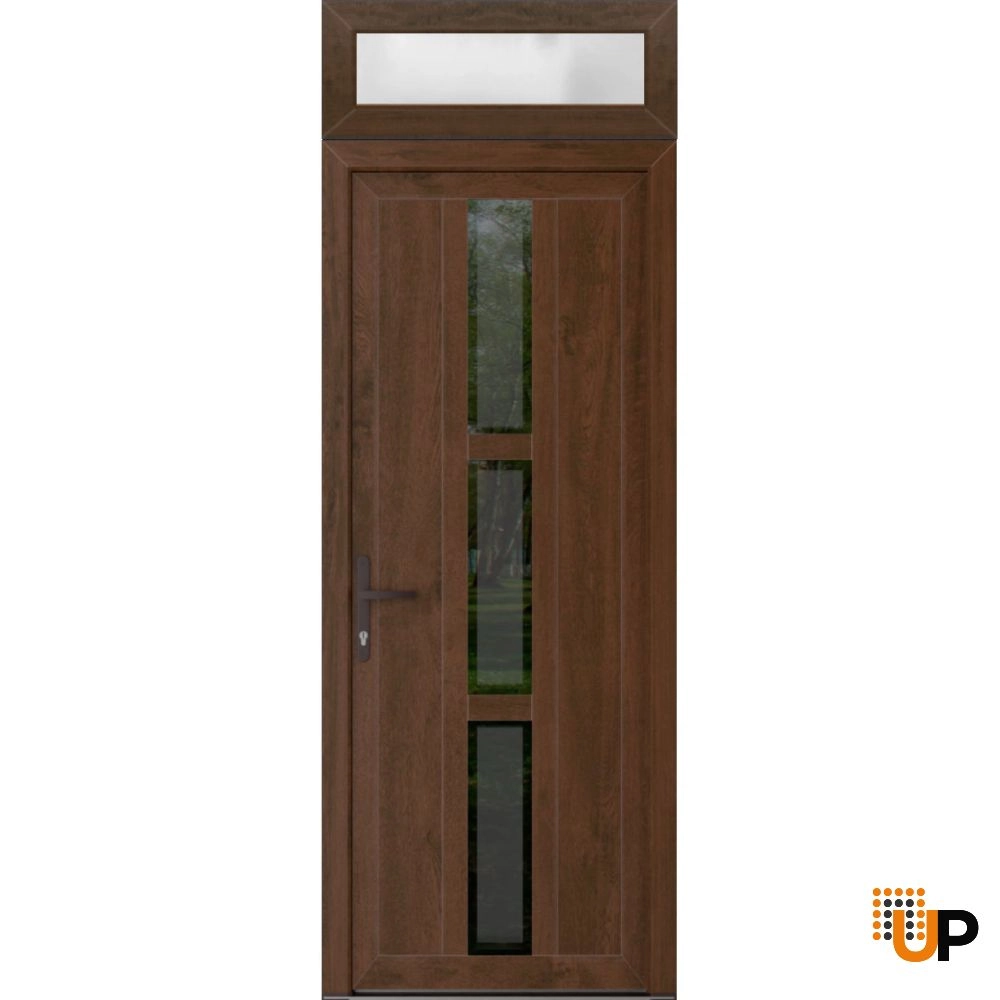 Single swing vinyl modern exterior door with tempered glass | Manux 8112 Walnut | 36 x 94 (36 x 80+14) photo#1