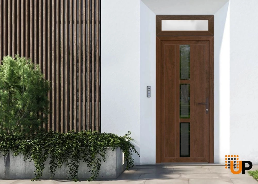 Single swing vinyl modern exterior door with clear glass | Manux 8112 Walnut | 32 x 92 (32 x 80+12) photo#2