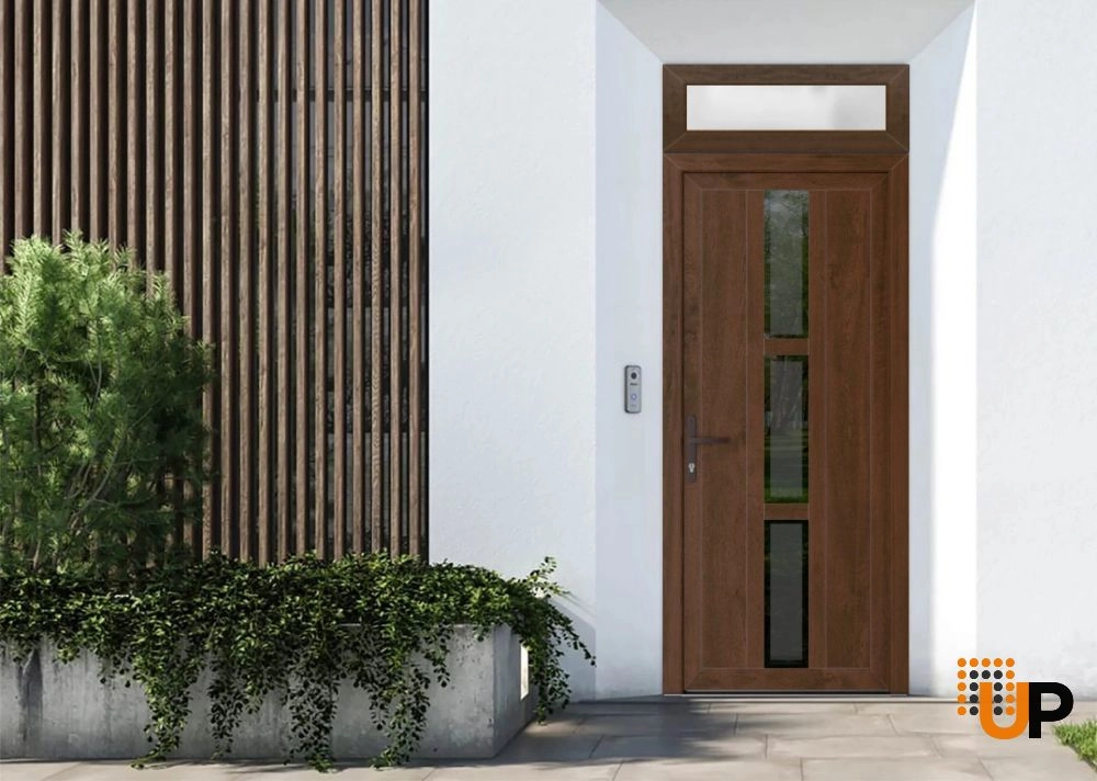 Single swing vinyl modern exterior door with clear glass | Manux 8112 Walnut | 32 x 92 (32 x 80+12) photo#2
