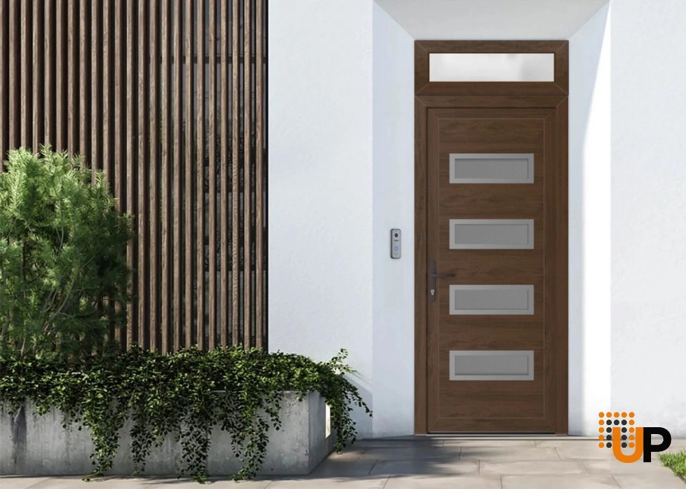 Single swing vinyl modern exterior door with tempered glass | Manux 8113 Walnut | 32 x 94 photo#2