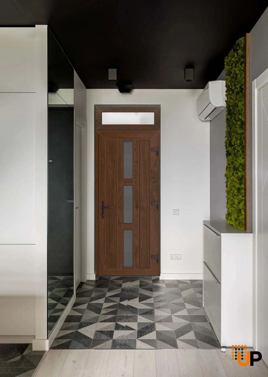 Single swing metal-plastic modern exterior door with tempered | Manux 8112 Walnut | 36 x 94 (36 x 80+14) photo#3