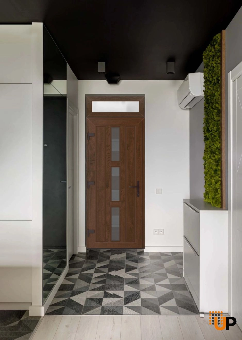 Single swing vinyl modern exterior door with clear glass | Manux 8112 Walnut | 32 x 92 (32 x 80+12) photo#3