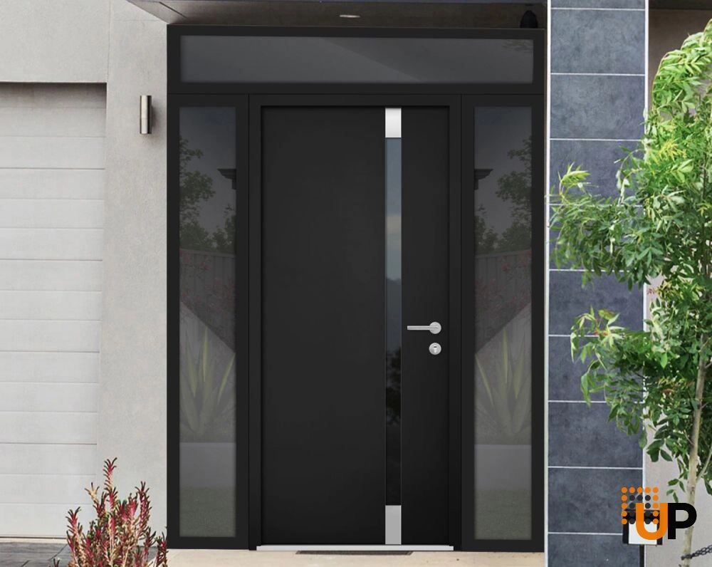 Single swing metal-aluminum modern exterior door with triplex glass | Cynex 6777 Black | 56 x 96 photo#2