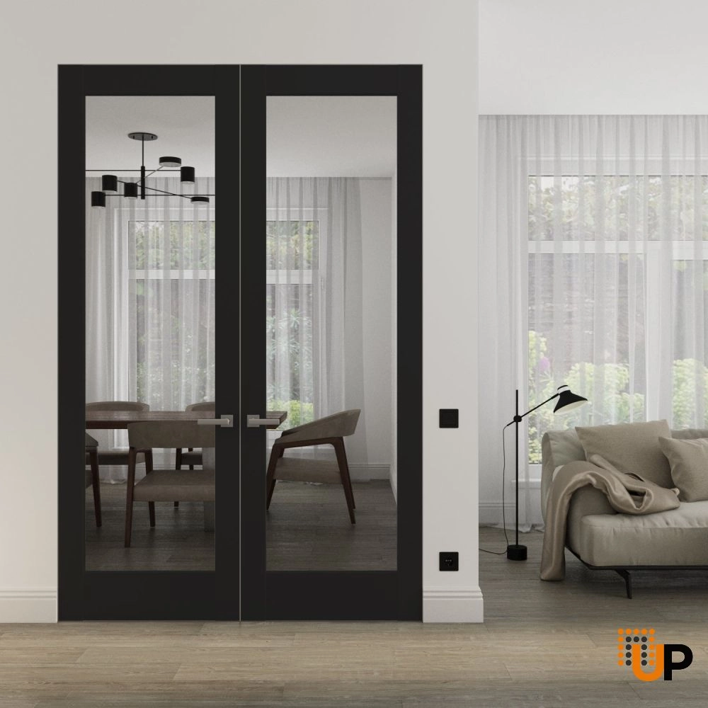 Double solid core swing modern interior frameless double doors with clear glass | Lucia 2166 Black Matte | 36 x 80 (2* 18x80) photo#2