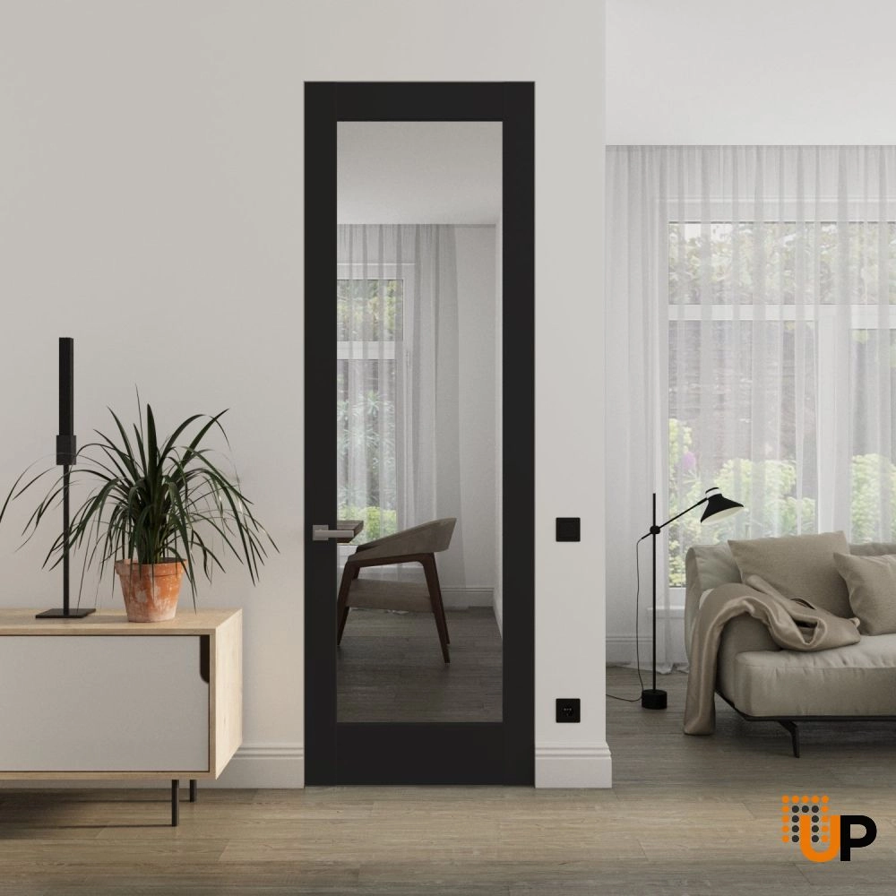 Single solid core swing modern interior frameless doors with clear glass | Lucia 2166 Black Matte | 18 x 80 photo#2