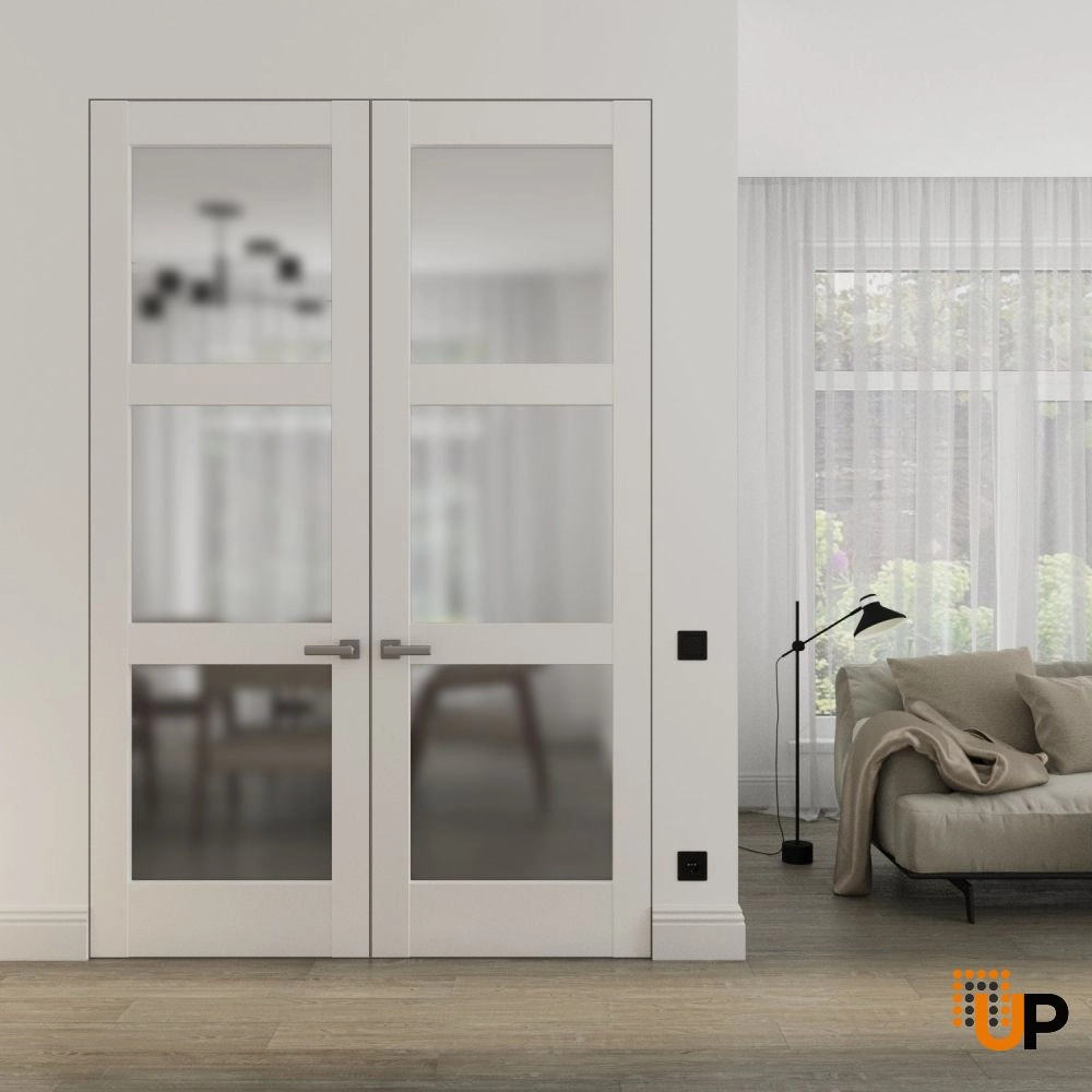 Double solid core swing modern interior frameless double doors with frosted glass | Lucia 2552 White Silk | 36 x 80 (2* 18x80) photo#2