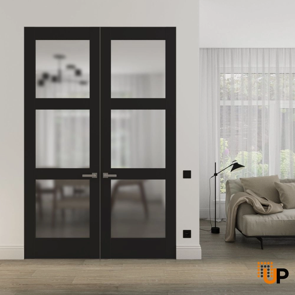 Double solid core swing modern interior frameless double doors with frosted glass | Lucia 2552 Black Matte | 36 x 80 (2* 18x80) photo#2