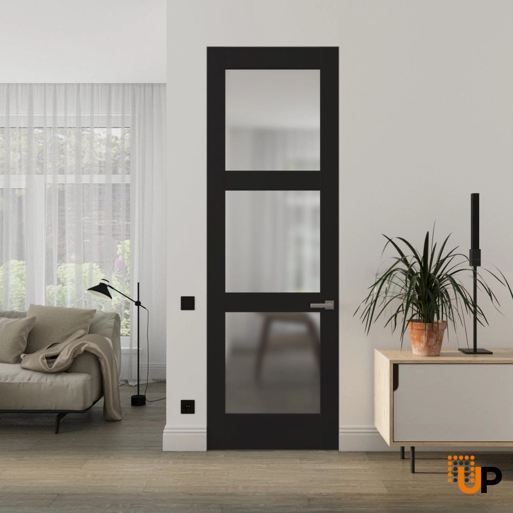 Single solid core swing modern interior frameless doors with frosted glass | Lucia 2552 Black Matte | 18 x 80 photo#2