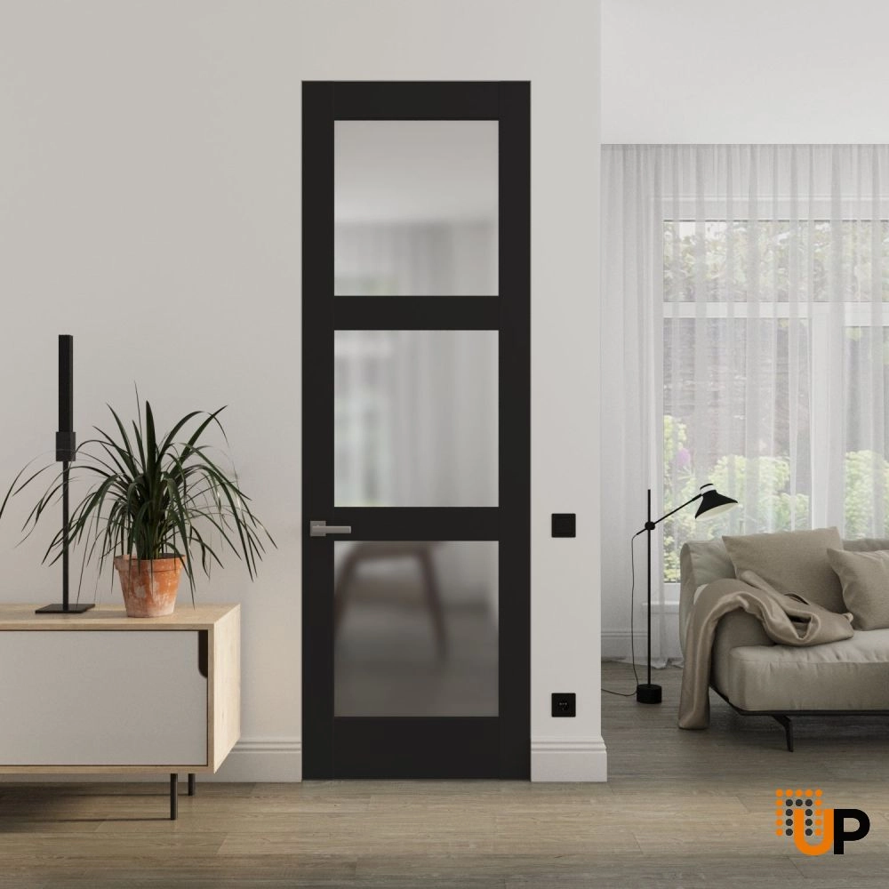 Single solid core swing modern interior frameless doors with frosted glass | Lucia 2552 Black Matte | 18 x 80 photo#2