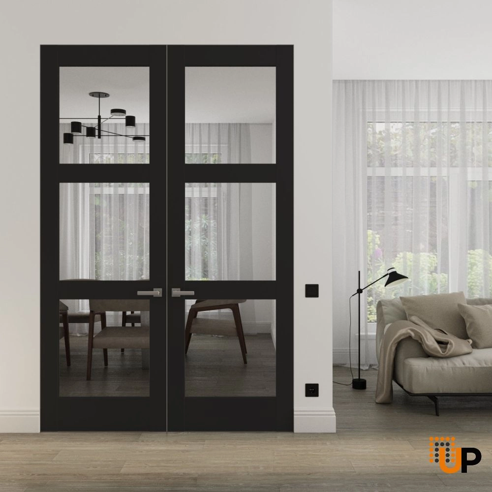 Double solid core swing modern interior frameless double doors with clear glass | Lucia 2555 Black Matte | 36 x 80 (2* 18x80) photo#2