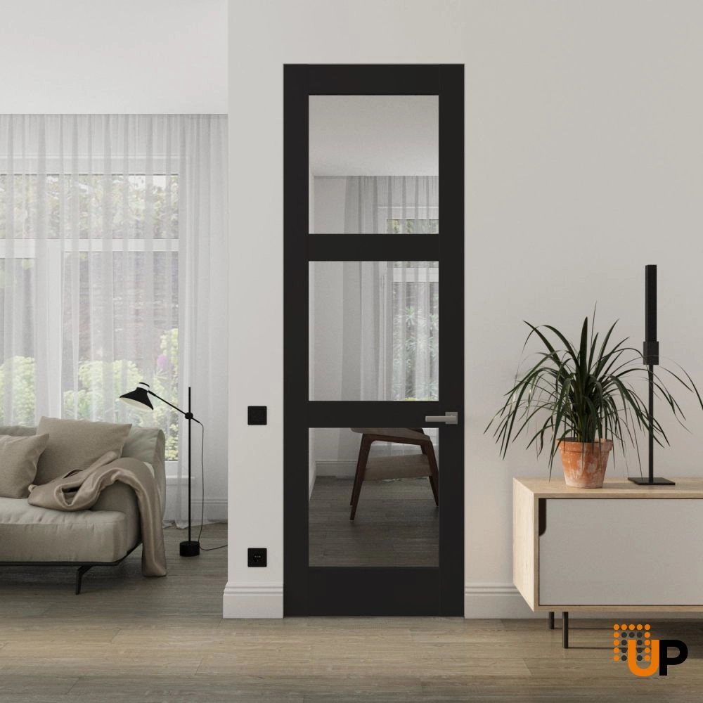 Single solid core swing modern interior frameless doors with clear glass | Lucia 2555 Black Matte | 18 x 80 photo#2