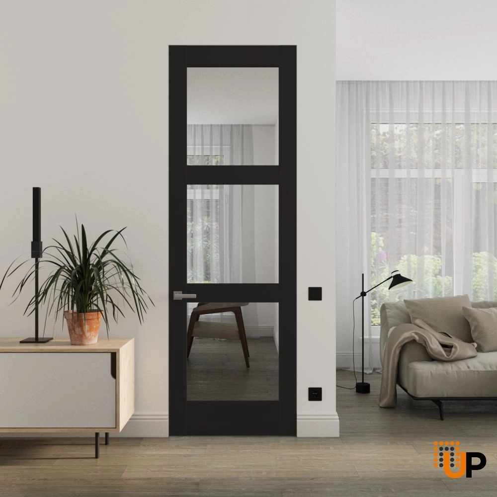 Single solid core swing modern interior frameless doors with clear glass | Lucia 2555 Black Matte | 18 x 80 photo#2