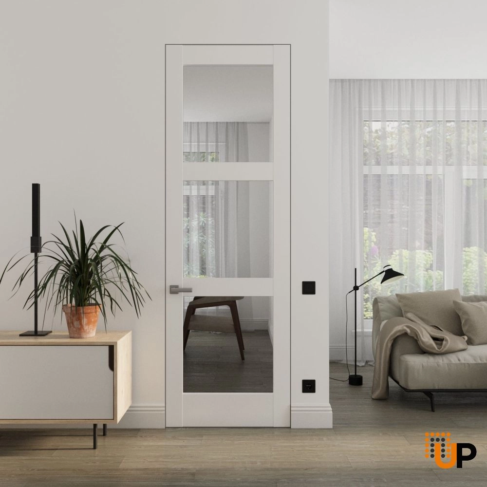 Single solid core swing modern interior frameless doors with clear glass | Lucia 2555 White Silk | 18 x 80 photo#2