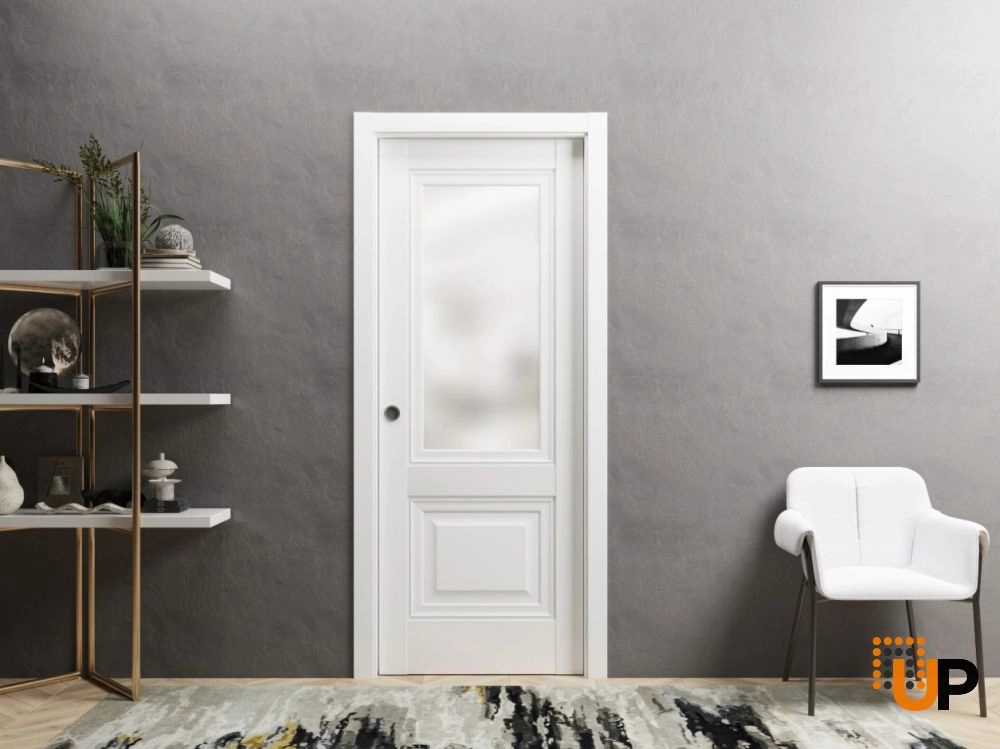 Classic solid wood interior pocket door with frosted glass | Lucia 8822 White | 18 x 80 in. photo#2
