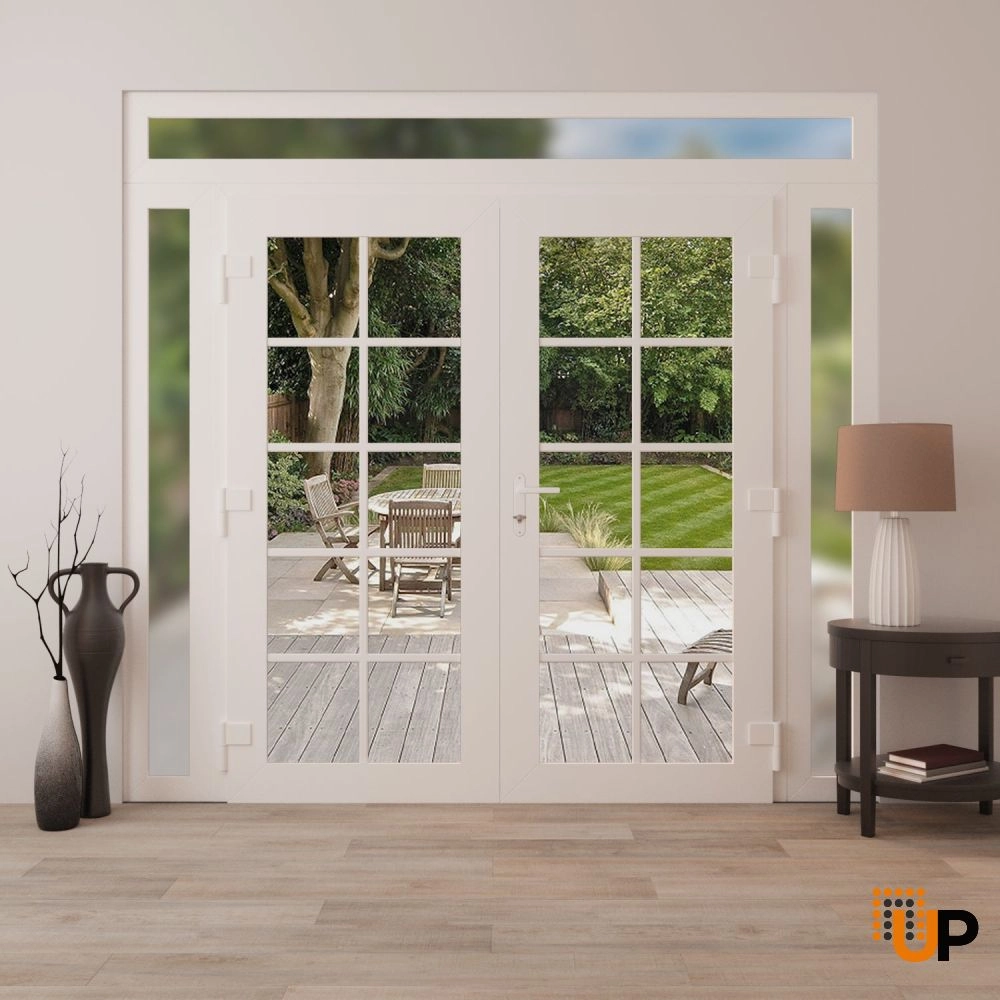 Double swing vinyl modern exterior door with clear glass | Manux 8100 White | 96 x 96 (12+72+12 x 80+16) photo#4