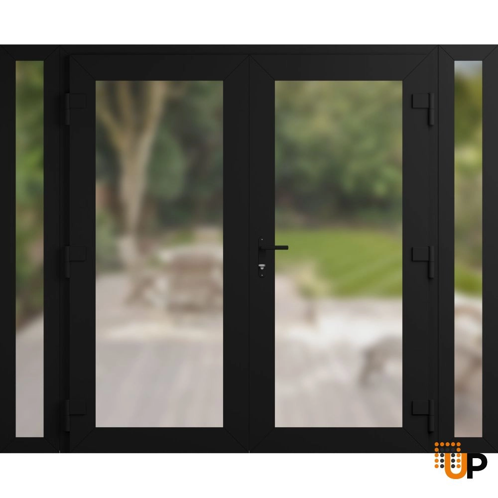 Double swing vinyl modern exterior door with frosted glass | Manux 8102 Black Matte | 104 x 80 (16+72+16 x 80) photo#2