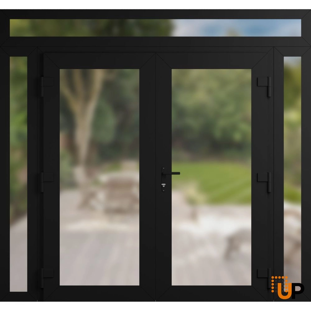 Double swing vinyl modern exterior door with frosted glass | Manux 8102 Black Matte | 100 x 94 (14+72+14 x 80+14) photo#2