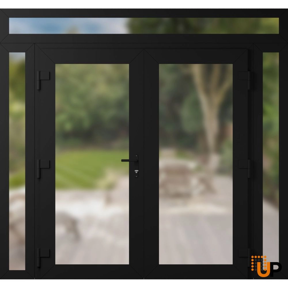 Double swing metal-plastic modern exterior door with frosted glass | Manux 8102 Black Matte | 100 x 94 (14+72+14 x 80+14) photo#2