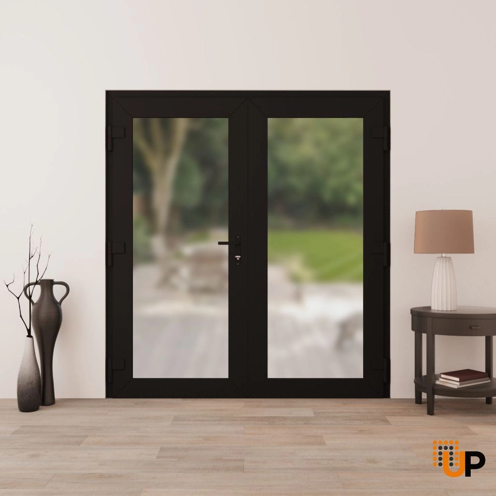 Double swing metal-plastic modern exterior door with frosted glass | Manux 8102 Black Matte | 72 x 80 photo#4