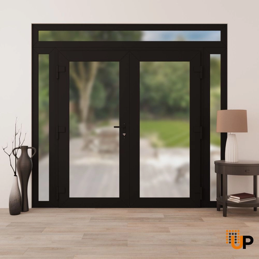 Double swing metal-plastic modern exterior door with frosted glass | Manux 8102 Black Matte | 100 x 94 (14+72+14 x 80+14) photo#4