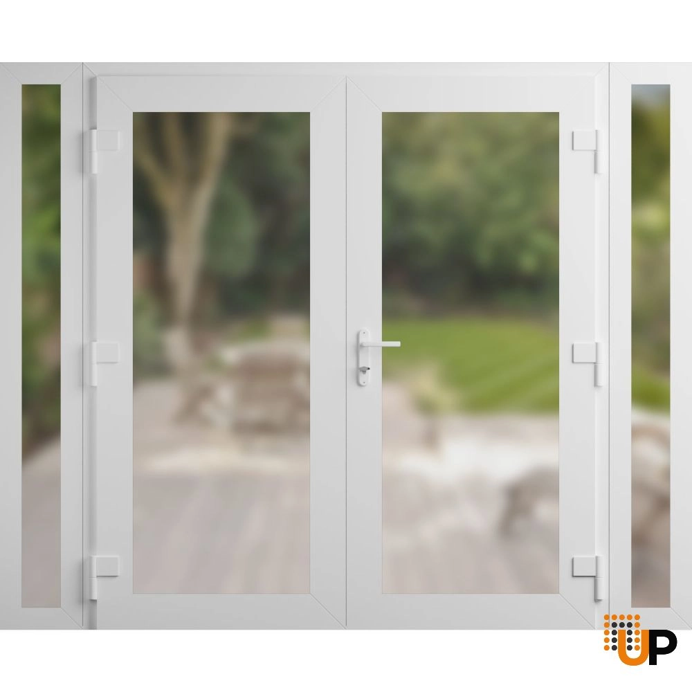 Double swing vinyl modern exterior door with frosted glass | Manux 8102 White | 96 x 80 (12+72+12 x 80) photo#2