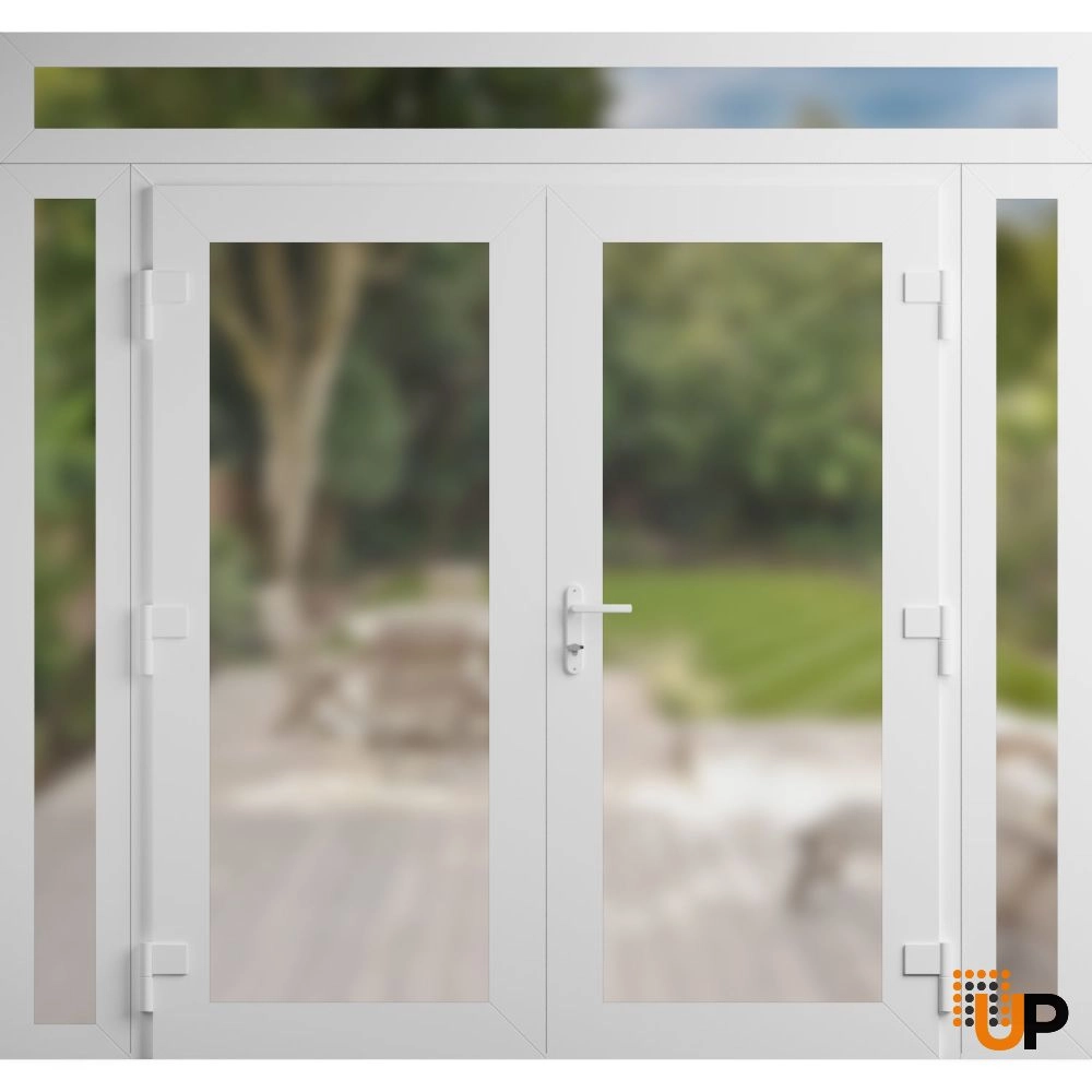 Double swing vinyl modern exterior door with frosted glass | Manux 8102 White | 104 x 96 (16+72+16 x 80+16) photo#2