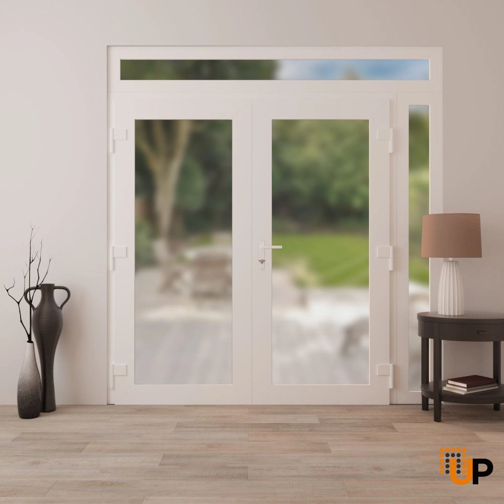 Double swing vinyl modern exterior door with frosted glass | Manux 8102 White | 84 x 96 (72+12 x 80+16) photo#4