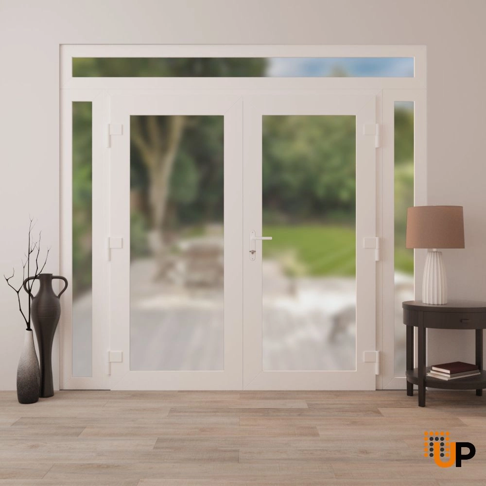 Double swing vinyl modern exterior door with frosted glass | Manux 8102 White | 104 x 96 (16+72+16 x 80+16) photo#4