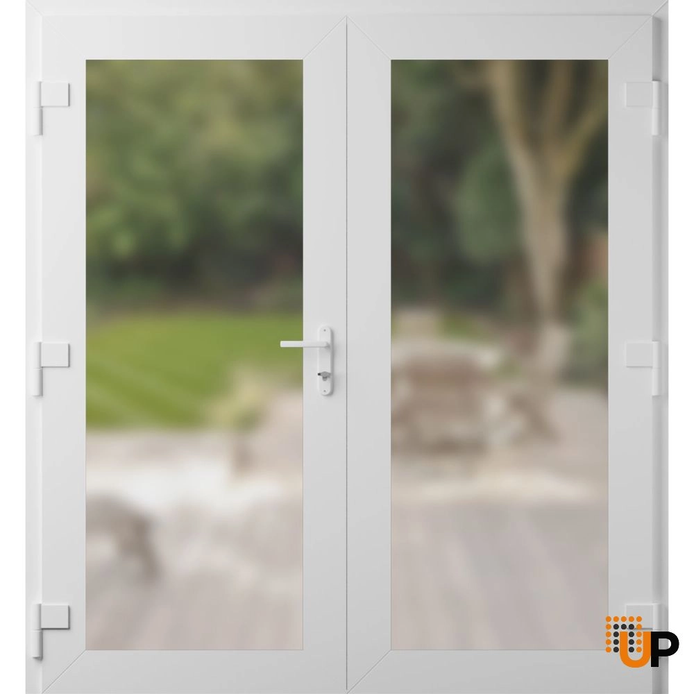 Double swing metal-plastic modern exterior door with frosted glass | Manux 8102 White | 72 x 80 photo#2