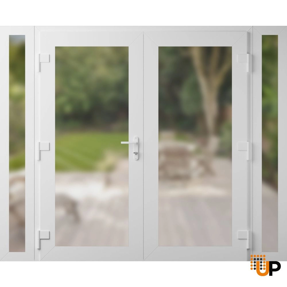Double swing vinyl modern exterior door with frosted glass | Manux 8102 White | 96 x 80 (12+72+12 x 80) photo#2
