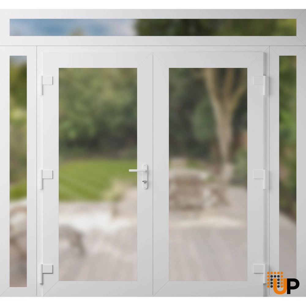 Double swing metal-plastic modern exterior door with frosted glass | Manux 8102 White | 100 x 94 (14+72+14 x 80+14) photo#2