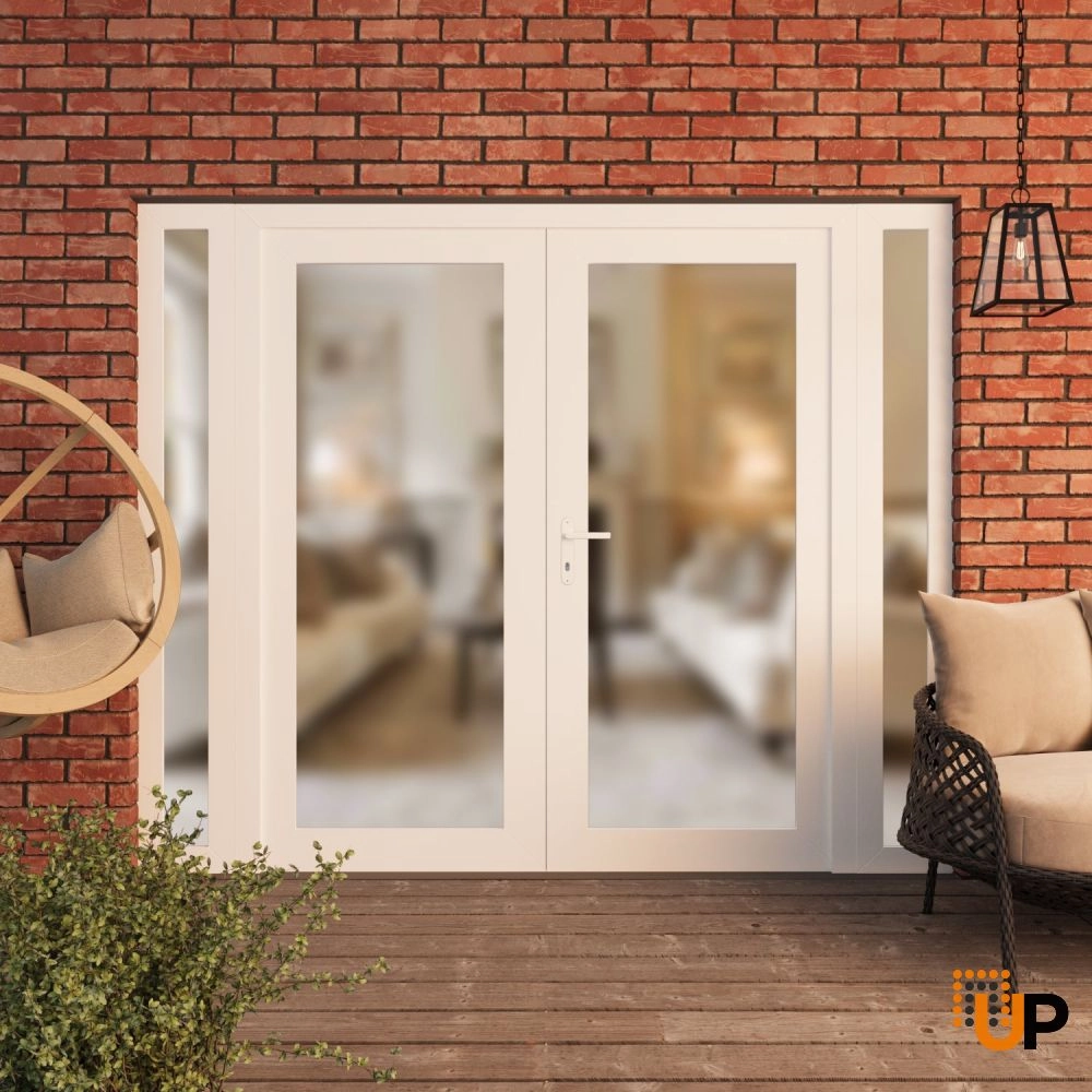Double swing vinyl modern exterior door with frosted glass | Manux 8102 White | 96 x 80 (12+72+12 x 80) photo#3