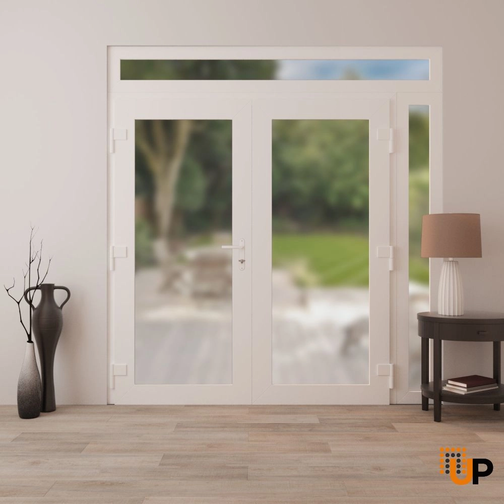 Double swing vinyl modern exterior door with frosted glass | Manux 8102 White | 84 x 92 (72+12 x 80+12) photo#4